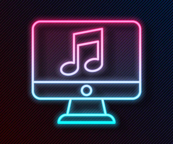 Línea Neón Brillante Ordenador Con Símbolo Nota Musical Icono Pantalla — Vector de stock