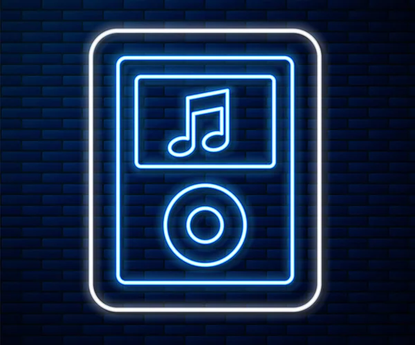 Glowing Neon Line Music Player Icon Isolated Brick Wall Background — Stock Vector