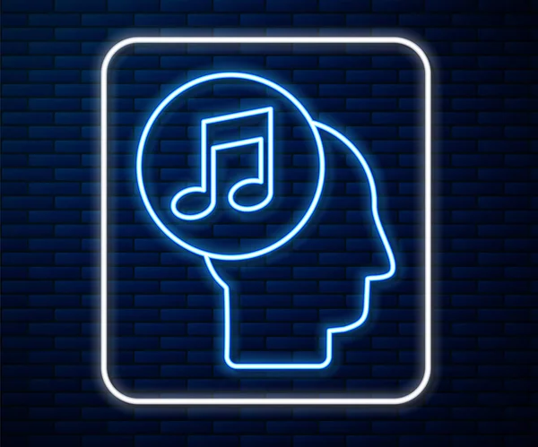 Świecąca Neonowa Linia Nuta Muzyczna Ikonie Głowy Człowieka Odizolowana Ceglanym — Wektor stockowy