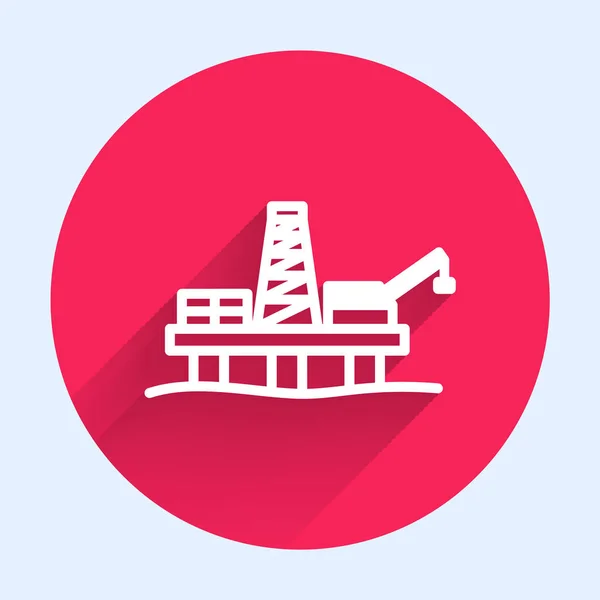 長い影で隔離された海のアイコンの白いラインオイルプラットフォーム 海で掘削リグ 石油プラットフォーム ガス燃料 オフショア産業 赤い丸ボタン ベクターイラスト — ストックベクタ