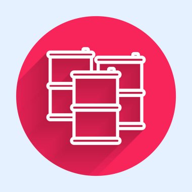 Beyaz çizgi varil yağı ikonu uzun gölgeli izole edilmiş. Kırmızı daire düğmesi. Vektör İllüstrasyonu