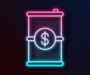 Parlak neon hattı varil yağı ve siyah arka planda izole edilmiş dolar sembolü. Vektör İllüstrasyonu