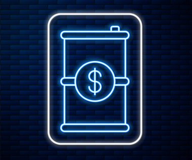 Parlak neon hattı fıçı yağı ve tuğla duvar arkasında izole edilmiş dolar sembolü. Vektör İllüstrasyonu