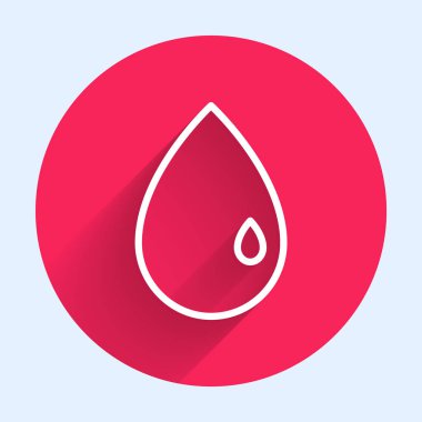 Beyaz çizgili yağ damlası ikonu uzun gölgeli izole edilmiş. Kırmızı daire düğmesi. Vektör İllüstrasyonu