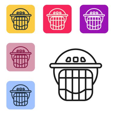 Beyaz arka planda siyah çizgi hokey başlığı simgesi izole edildi. Renkli kare düğmelerle simgeleri ayarla. Vektör İllüstrasyonu