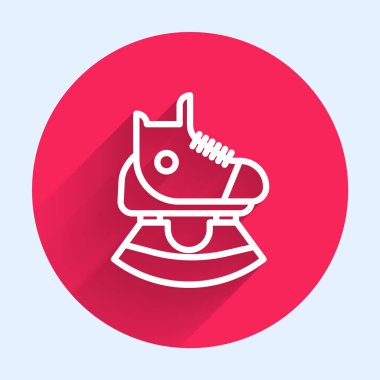 Beyaz çizgi buz pateni ikonu uzun gölgeli izole edilmiş. Buz pateni ayakkabısı ikonu. Kılıçlı spor botlar. Kırmızı daire düğmesi. Vektör İllüstrasyonu