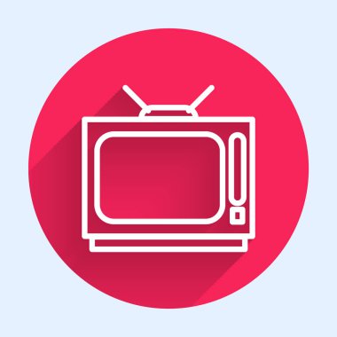 Beyaz çizgi Retro TV ikonu uzun gölgeli izole edilmiş. Televizyon tabelası. Kırmızı daire düğmesi. Vektör İllüstrasyonu