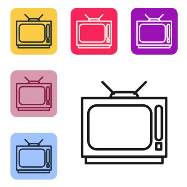 Siyah çizgi Retro TV simgesi beyaz arkaplanda izole edildi. Televizyon tabelası. Renkli kare düğmelerle simgeleri ayarla. Vektör İllüstrasyonu