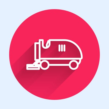 Beyaz çizgi buz yüzeyi ikonu uzun gölgeli izole edilmiş. Buz pateni pistindeki buz yüzeyi makinesi. Buz pateni pisti ve stadyum için daha temiz. Kırmızı daire düğmesi. Vektör İllüstrasyonu