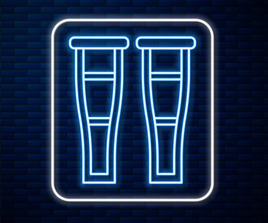 Parlak neon çizgili koltuk değneği ya da koltuk değneği simgesi tuğla duvar arka planında izole edilmiş. Kas iskeleti hastalığı olan insanların rehabilitasyonu için gerekli ekipman. Vektör İllüstrasyonu