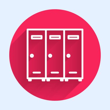 Beyaz çizgili dolap ya da hokey, futbol, basketbol takımı ya da uzun gölgeli işçiler için soyunma odası. Kırmızı daire düğmesi. Vektör İllüstrasyonu