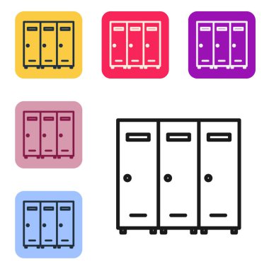 Siyah çizgili dolap ya da hokey, futbol, basketbol takımı ya da beyaz arka planda izole edilmiş işçiler için soyunma odası. Renkli kare düğmelerle simgeleri ayarla. Vektör İllüstrasyonu