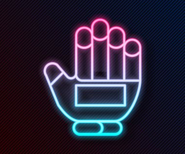 Parlayan neon çizgisi Hokey eldiveni simgesi siyah arkaplanda izole edildi. Spor yapmak ve ellerindeki koruyucu eldivenleri eğitmek. Vektör İllüstrasyonu