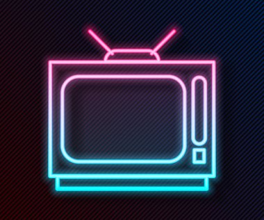 Parlayan neon hattı Retro TV simgesi siyah arkaplanda izole edildi. Televizyon tabelası. Vektör İllüstrasyonu