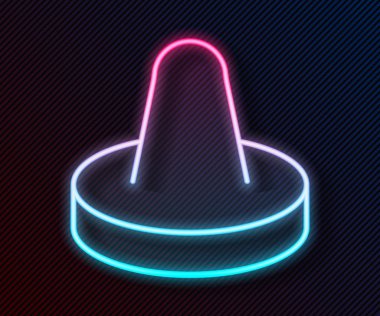 Siyah arka planda izole edilmiş hava hokeyi ikonu oynamak için parlak neon çizgisi çekiç ve disk. Vektör İllüstrasyonu