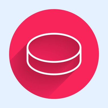 Beyaz çizgi Hokey Diski ikonu uzun gölgeli izole edilmiş. Kırmızı daire düğmesi. Vektör İllüstrasyonu