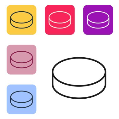 Beyaz arkaplanda siyah çizgi hokey diski simgesi izole edildi. Renkli kare düğmelerle simgeleri ayarla. Vektör İllüstrasyonu