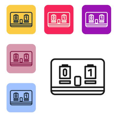 Siyah çizgi hokey mekanik skorbordu ve sonuç olarak beyaz arkaplanda izole edilmiş görüntü simgesi. Renkli kare düğmelerle simgeleri ayarla. Vektör İllüstrasyonu