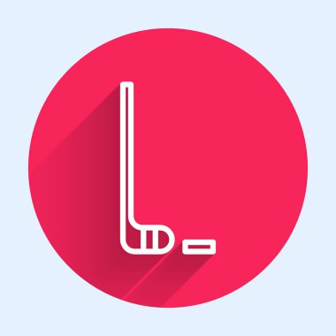 Buz hokeyi sopası ve disk ikonu uzun gölgeli izole edilmiş. Kırmızı daire düğmesi. Vektör İllüstrasyonu