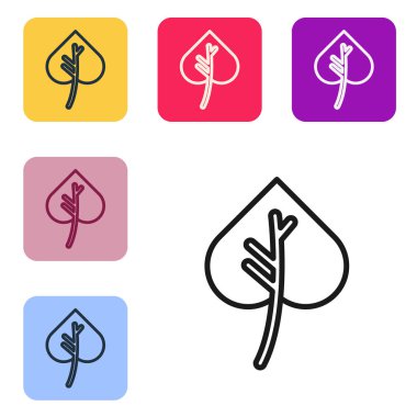 Siyah çizgi Yaprak simgesi beyaz arkaplanda izole edildi. İşaret bırakıyor. Taze doğal ürün sembolü. Renkli kare düğmelerle simgeleri ayarla. Vektör İllüstrasyonu