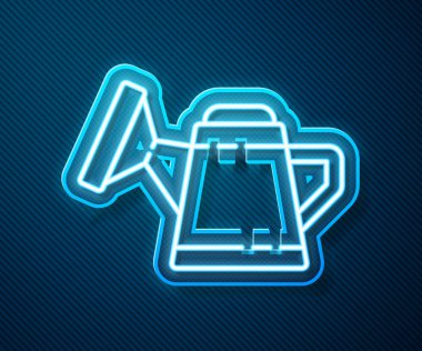 Parlayan neon hattı mavi arkaplanda izole edilmiş bir konserve kutusu simgesi. Sulama sembolü. Vektör İllüstrasyonu