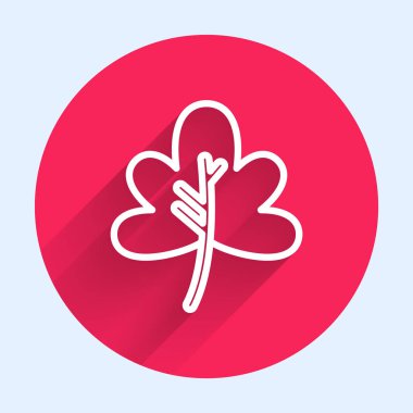 Beyaz çizgi Yaprak simgesi uzun gölgeli izole edilmiş. İşaret bırakıyor. Taze doğal ürün sembolü. Kırmızı daire düğmesi. Vektör İllüstrasyonu