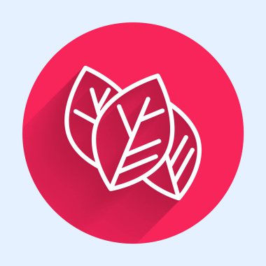 Beyaz çizgi Yaprak simgesi uzun gölgeli izole edilmiş. İşaret bırakıyor. Taze doğal ürün sembolü. Kırmızı daire düğmesi. Vektör İllüstrasyonu