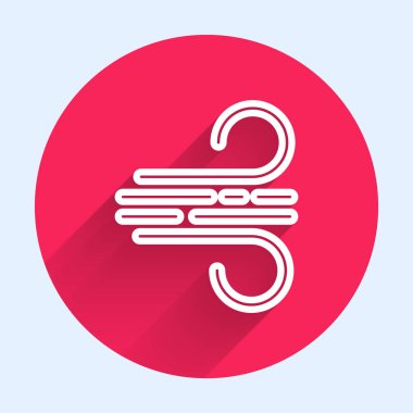 Beyaz çizgi rüzgar ikonu uzun gölgeli izole edilmiş. Rüzgarlı bir hava. Kırmızı daire düğmesi. Vektör İllüstrasyonu