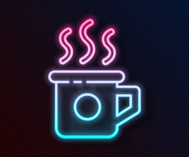 Siyah arka planda izole edilmiş parlak neon çizgili çay ikonu. Tatlı doğal yemek. Vektör İllüstrasyonu