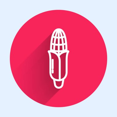 Beyaz çizgi mısır ikonu uzun gölgeli izole edilmiş. Kırmızı daire düğmesi. Vektör İllüstrasyonu