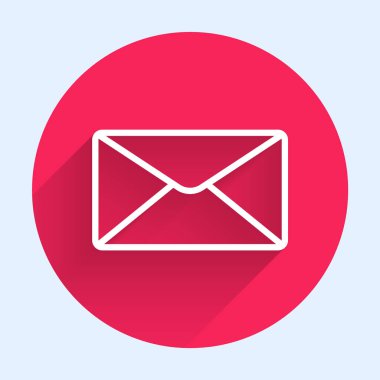 Beyaz çizgi Zarf simgesi uzun gölgeli izole edilmiş. E- posta mektup sembolü. Kırmızı daire düğmesi. Vektör İllüstrasyonu