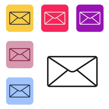 Siyah çizgi Zarf simgesi beyaz arkaplanda izole edildi. E- posta mektup sembolü. Renkli kare düğmelerle simgeleri ayarla. Vektör İllüstrasyonu