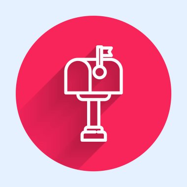 Beyaz çizgi posta kutusu simgesi uzun gölgeyle izole edildi. Posta kutusu simgesi. Posta kutusunda bayrak var. Kırmızı daire düğmesi. Vektör İllüstrasyonu