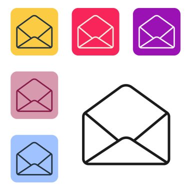 Siyah çizgi Zarf simgesi beyaz arkaplanda izole edildi. E- posta mektup sembolü. Renkli kare düğmelerle simgeleri ayarla. Vektör İllüstrasyonu