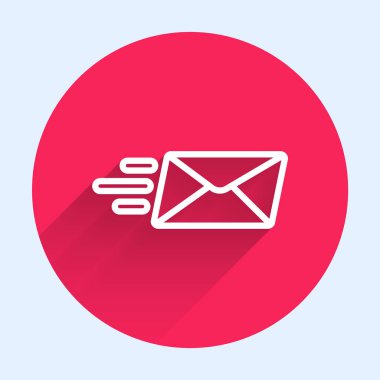 Beyaz çizgi ekspres zarf simgesi uzun gölgeli izole edildi. E- posta mektup sembolü. Kırmızı daire düğmesi. Vektör İllüstrasyonu