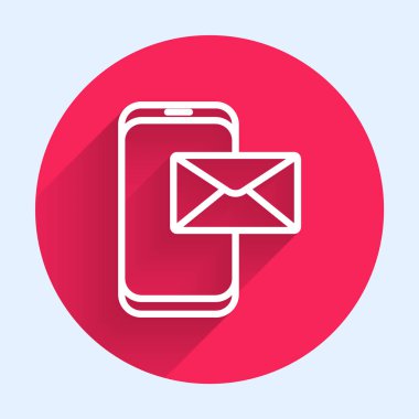 Beyaz hat mobil ve zarf, yeni mesaj, posta simgesi uzun gölgeli. E-posta bültenleri, başlıklar, blog yazıları için kullanım. Kırmızı daire düğmesi. Vektör İllüstrasyonu