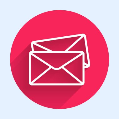 Beyaz çizgi Zarf simgesi uzun gölgeli izole edilmiş. E- posta mektup sembolü. Kırmızı daire düğmesi. Vektör İllüstrasyonu