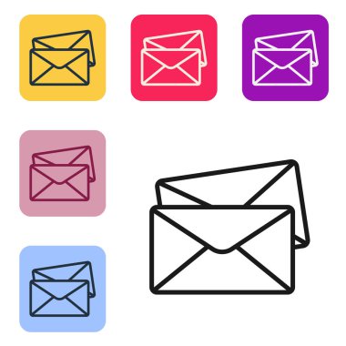 Siyah çizgi Zarf simgesi beyaz arkaplanda izole edildi. E- posta mektup sembolü. Renkli kare düğmelerle simgeleri ayarla. Vektör İllüstrasyonu