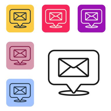 Beyaz arkaplanda izole edilmiş siyah çizgi konuşma balonu. Renkli kare düğmelerle simgeleri ayarla. Vektör İllüstrasyonu