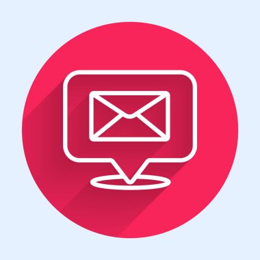 Beyaz çizgi konuşma baloncuğu ve uzun gölgeli bir zarf simgesi. Kırmızı daire düğmesi. Vektör İllüstrasyonu