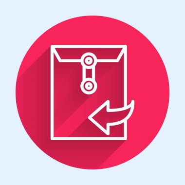 Beyaz çizgi Zarf simgesi uzun gölgeli izole edilmiş. Mesaj konsepti alındı. Yeni, e-posta gelen mesaj, SMS. Posta servisi. Kırmızı daire düğmesi. Vektör İllüstrasyonu