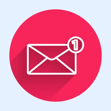 Beyaz çizgi Zarf simgesi uzun gölgeli izole edilmiş. Mesaj konsepti alındı. Yeni, e-posta gelen mesaj, SMS. Posta servisi. Kırmızı daire düğmesi. Vektör İllüstrasyonu