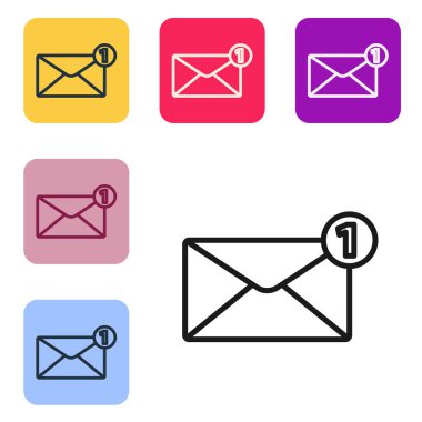 Siyah çizgi Zarf simgesi beyaz arkaplanda izole edildi. Mesaj konsepti alındı. Yeni, e-posta gelen mesaj, SMS. Posta servisi. Renkli kare düğmelerle simgeleri ayarla. Vektör İllüstrasyonu
