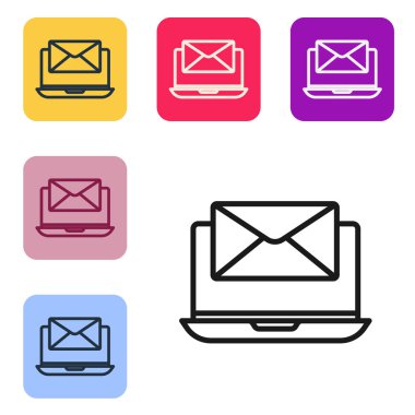 Zarflı siyah çizgi dizüstü bilgisayar ve açık e- posta ekrandaki simge beyaz arkaplanda izole edildi. E-posta pazarlama, internet reklamcılığı kavramları. Renkli kare düğmelerle simgeleri ayarla. Vektör İllüstrasyonu