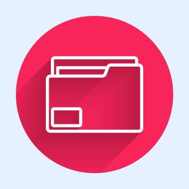 Beyaz çizgi klasör simgesi uzun gölgeyle izole edildi. Muhasebe klasörü sembolü. Muhasebe yönetimi. Kırmızı daire düğmesi. Vektör İllüstrasyonu