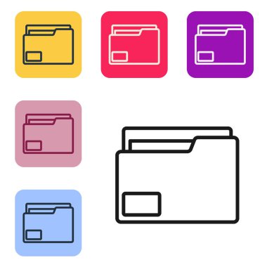 Beyaz arkaplanda siyah çizgi dosya klasörü simgesi izole edildi. Muhasebe klasörü sembolü. Muhasebe yönetimi. Renkli kare düğmelerle simgeleri ayarla. Vektör İllüstrasyonu