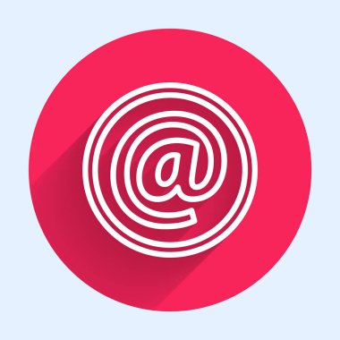 Beyaz çizgi posta ve e-posta simgesi uzun gölgeli izole edildi. Zarf sembolü e-postası. E- posta kodu. Kırmızı daire düğmesi. Vektör İllüstrasyonu