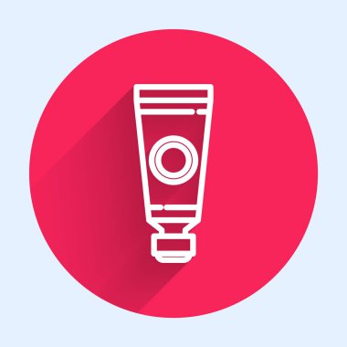 Uzun gölgeli izole edilmiş beyaz çizgi tüp boya palet simgesi. Kırmızı daire düğmesi. Vektör İllüstrasyonu