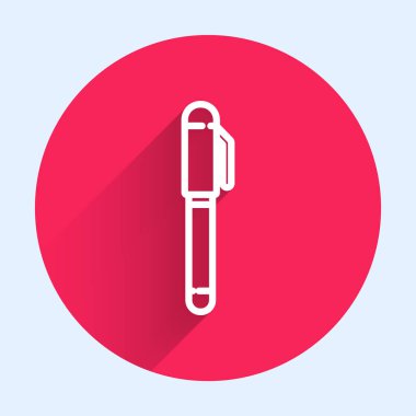 Beyaz çizgi kalem simgesi uzun gölgeli. Kırmızı daire düğmesi. Vektör İllüstrasyonu