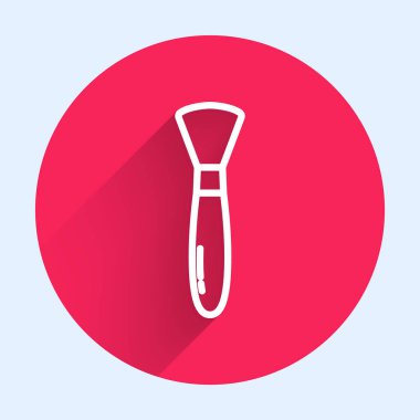 Beyaz çizgi boya fırçası ikonu uzun gölgeli izole edilmiş. Kırmızı daire düğmesi. Vektör İllüstrasyonu